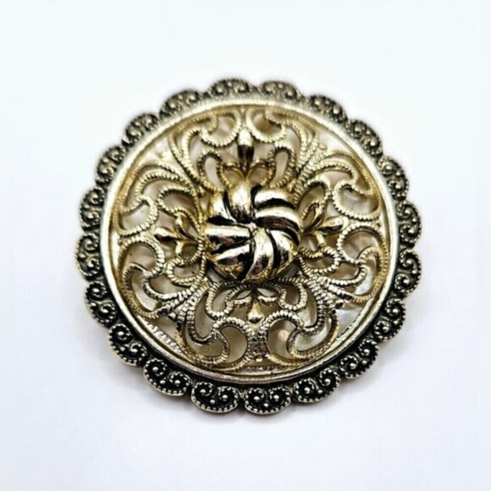 Vintage West Germany Scarf Ring Hinge Clip Gold Tone Ornate 3D Design Round